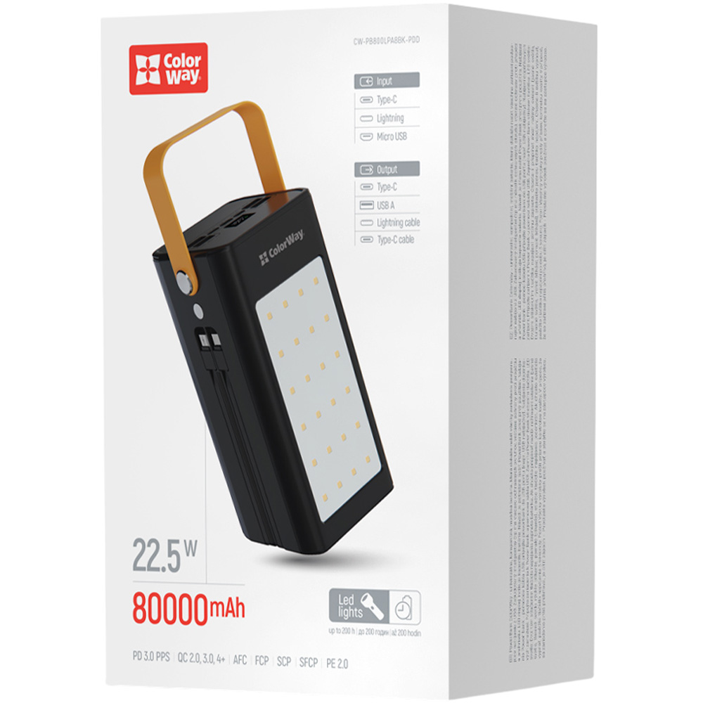 Внешний вид Powerbank COLORWAY 80000 mAh LCD/Lamp PD 22.5W Black (CW-PB800LPA8BK-PDD)